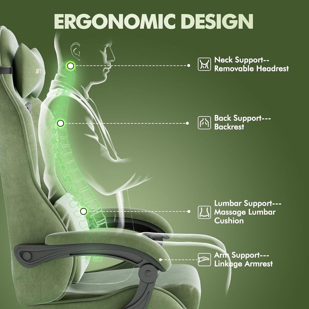 Velvet Fabric Racing Gaming Chair for Adults - Ergonomic Gamer Chair with Massage Lumbar, Footrest & Spring Cushion |