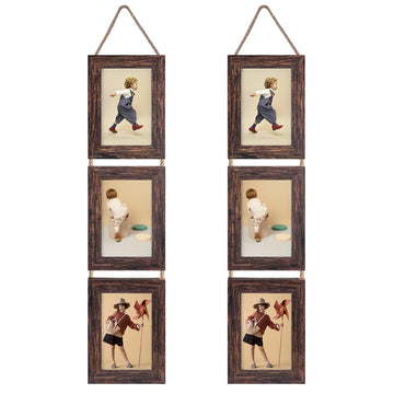 Wall Hanging 4x6 Picture Frames Set of 2, Vertical Collage Distressed Brown Triple Frame Made to Display 4 by 6 inch