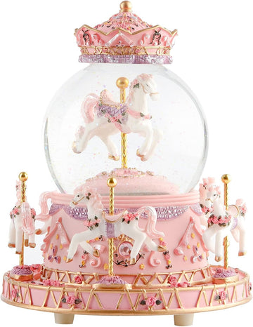 Carousel Snow Globe Music Box: LED Light Rotating Horses for Girls