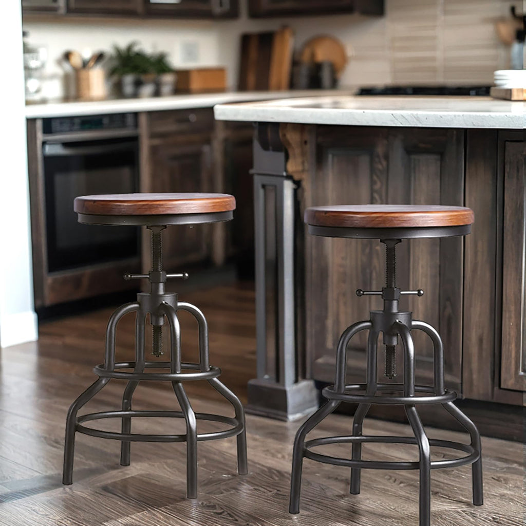 Vintage Industrial Bar Stool-Rustic Swivel Barstools-Round Wood Metal Base-Kitchen Counter Height Adjustable Pipe