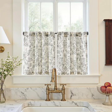 Floral Linen Kitchen Tier Curtains Butterfly 36 Inch 2 Panels Blue
