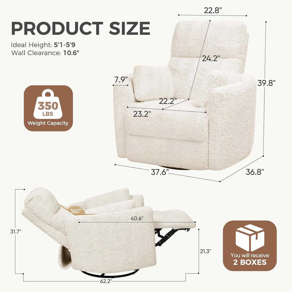 Power Swivel Rocker Recliner, Large Glider Rocking Chair, Beige | Fluffy Plush Nursery Chair w/ 2 Pillows, USB and
