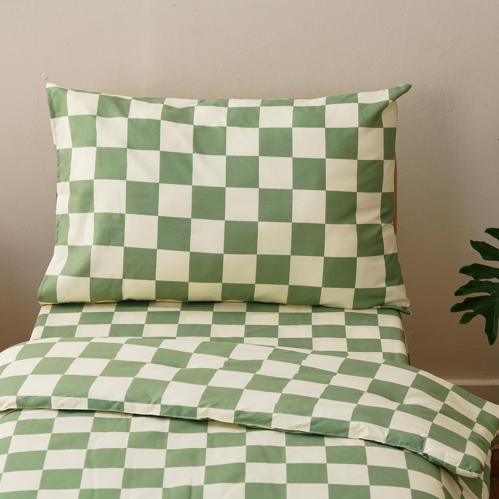 Grid Toddler Bedding Set Green White Checkered 4 Pieces Crib Bed Set Kids Pliad Comforter Set