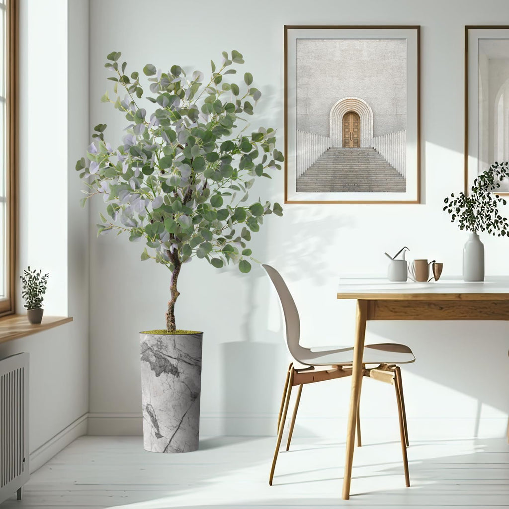 Artificial Tree in Gray Marble Effect Planter, Fake Eucalyptus Silk Tree for Indoor and Outdoor Home Decoration - 66"