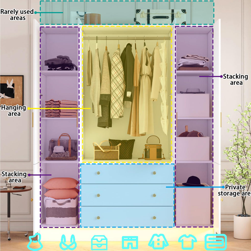 4 Doors LED Armoire Wardrobe Closet with Mirror, 75" Tall Modern Wooden Wardrobe Closet with 3 Drawers, Freestanding