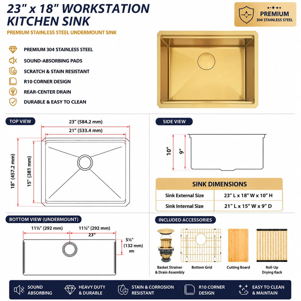 Gold Undermount Kitchen Sink 23 x 18 Inch, 16 Gauge T304 Stainless Steel Workstation Sink with Ledge & Accessories