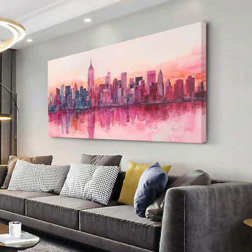 York City Skyline Canvas Wall, Pink Watercolor Manhattan Cityscape Print, Modern Urban Decor Bedroom Office