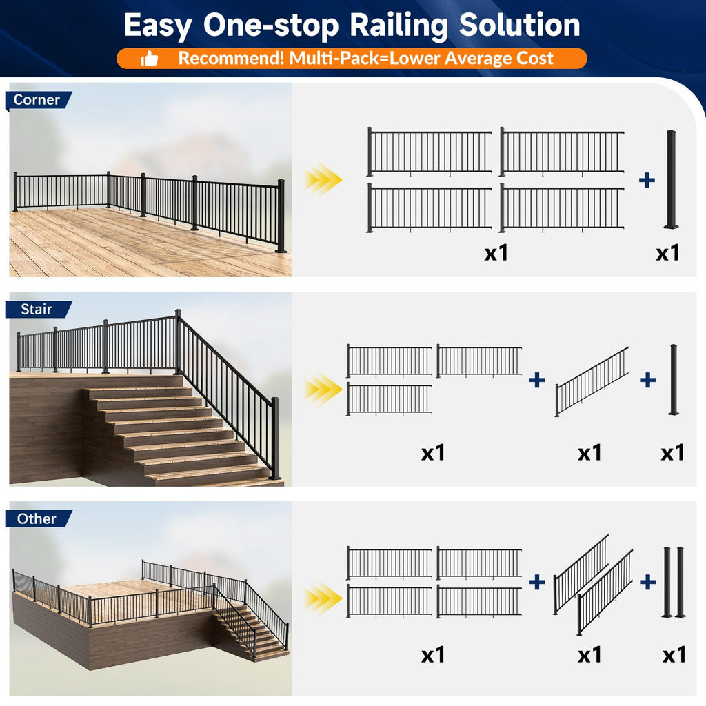 Modular Aluminum Stair Railing Kit, 42 in x 4 ft Black Step Railing