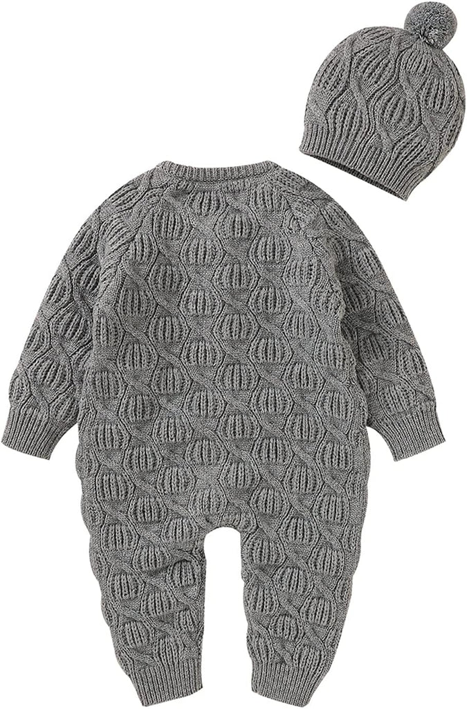 Newborn Baby Boys Girls 2Pcs Fall Winter Outfits Long Sleeve Solid Cable Knit Rompers Onesie+Knitted Hat Sets