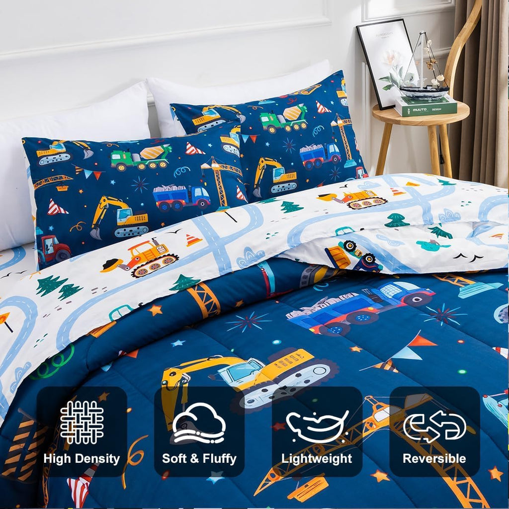 Cars Boy Bedding Comforter Set with Sheets, Twin Cartoon Construction Car Excavator Print Kids Bed in