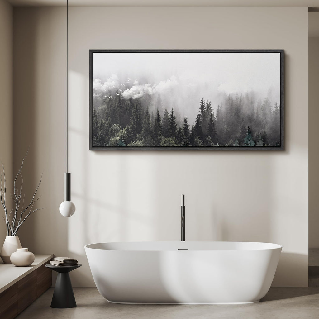 Extra Large Framed Canvas Foggy Pine Forest with Flying Birds Monochrome Illustrations Modern Art Calm Warm - 60"" x30
