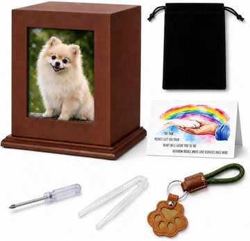 Dog Urn for Ashes - Wood Pet Cremation Box with Photo Frame, Cat Dog