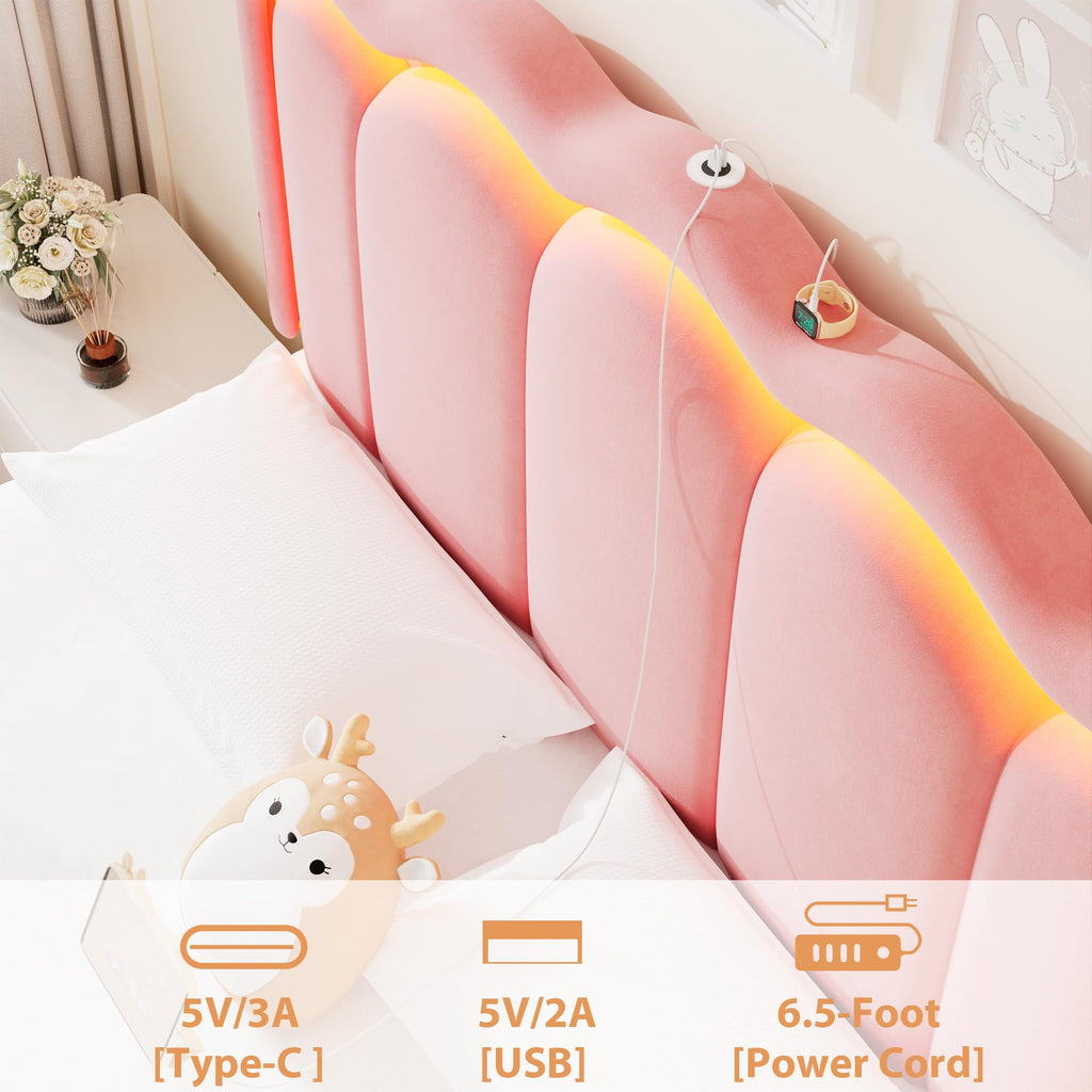 Queen Upholstered LED Bed Frame with 2 Storage Drawers and Adjustable Chic Double Wavy Headboard, Velvet Princess