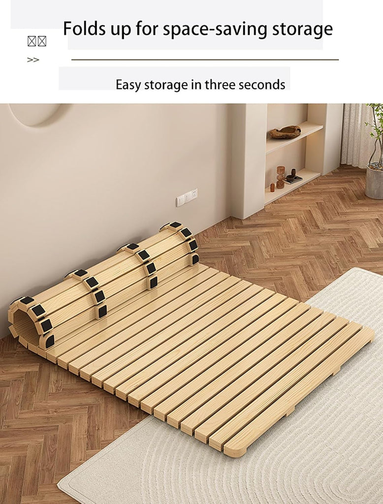 Folding Wooden Bed Frame, Floor Platform Bed with Roll-Up Slatted Base, Natural Solid Wood Tatami Futon Frame