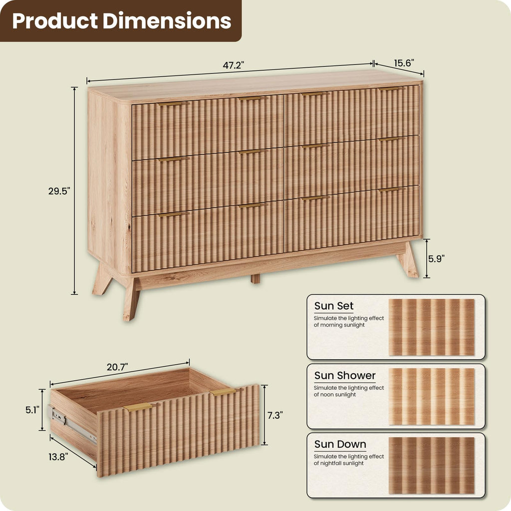 47" Wide Fluted 6 Drawers Dresser, Curved Edge, Oak