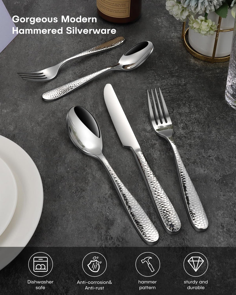 Hammered Silverware Set, Silver 30PCS Flatware Set for 6 Mirror Finish Stainless Steel Eating Utensils Sets Include