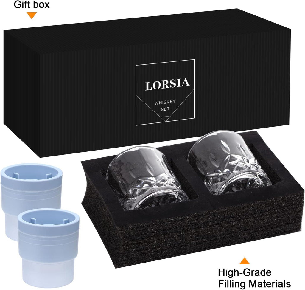 Whiskey Rocks Glass, Set of 4 (2 Crystal Bourbon Glasses, 2 Round Big Ice Ball Molds) In Gift Box - 10 Oz Old