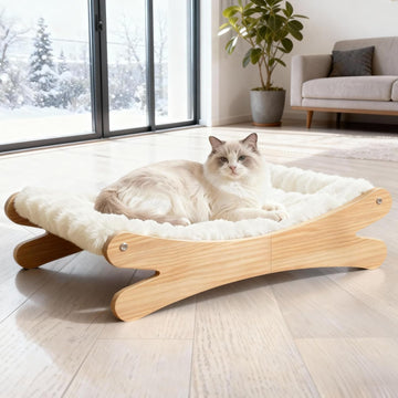 Plush Elevated Cat Bed - Cozy Raised Cat Hammock with Solid Wood Frame, Soft Furry Cushion for Indoor Cats & Small
