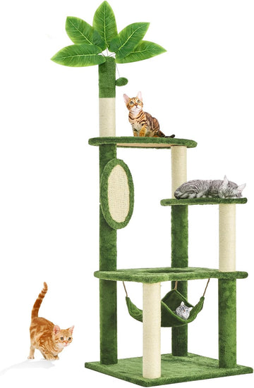 55 Inch Large Cat Tree Tower for Indoor Cats with Hammock Green Leaves Sisal Scratching Post, Plush Hang Ball Play