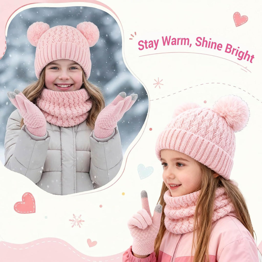 Kids Winter Hat Gloves Scarf Set, Unisex Children Beanie Hat with Pom
