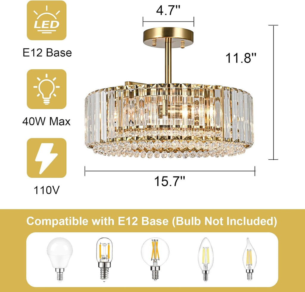 15.8" Modern Crystal Chandelier Gold Round Semi Flush Mount Ceiling Light Fixture Chandelier for Living Room Dining