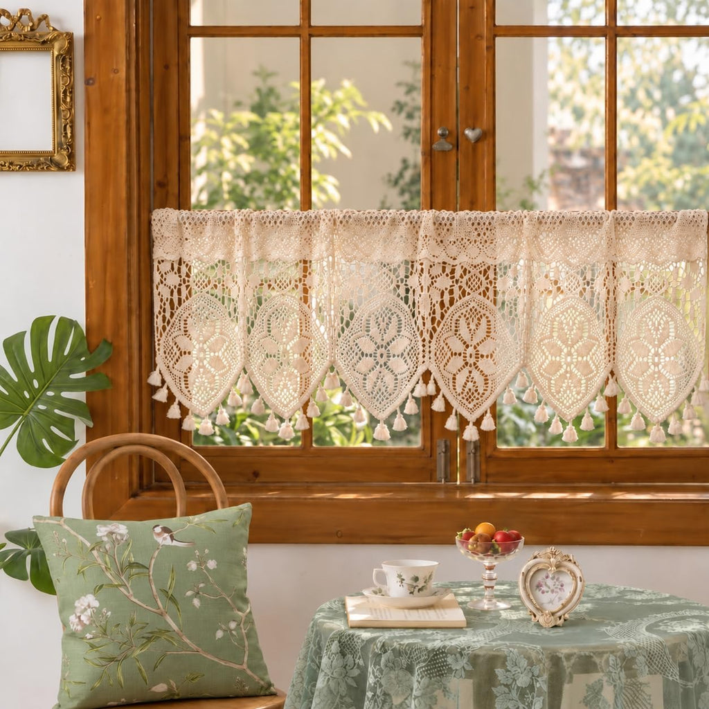 Boho Valance Farmhouse Crochet Curtain Tier Beige Cotton Lace 47x15 Inch
