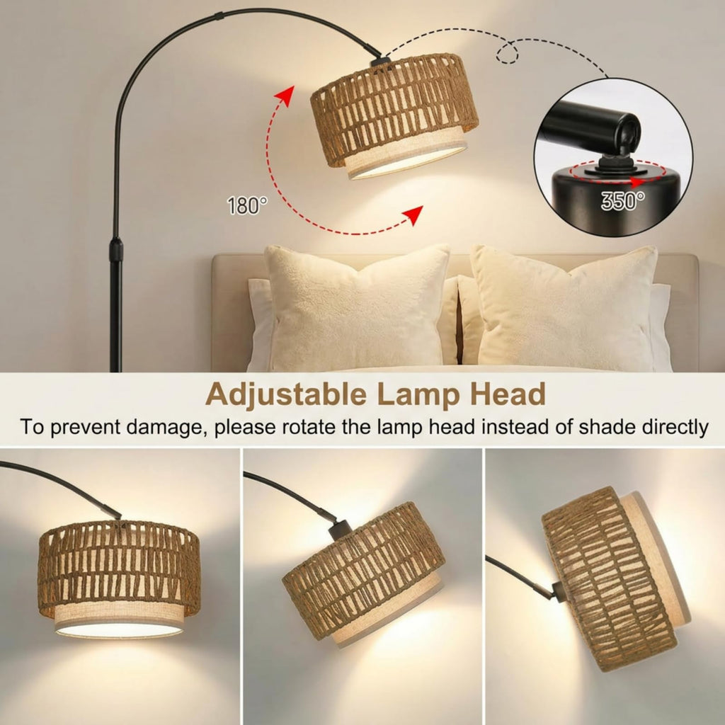 Arc Floor Lamp with 12W Bulb, 61.5"-71.5" Height Adjustable Rattan Floor Lamps with 3 Color Temps, Farmhouse Arched