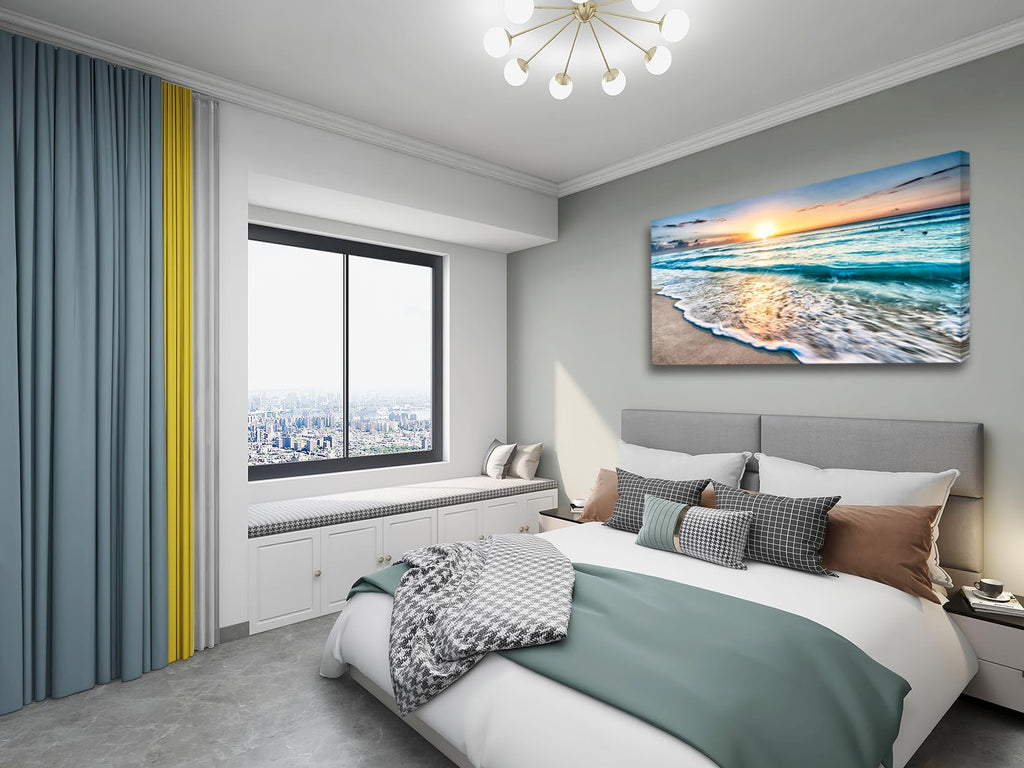 Canvas Prints Wall Art Beach Sunset Ocean Waves Nature Pictures Stretched Canvas Wooden Framed Bedroom and
