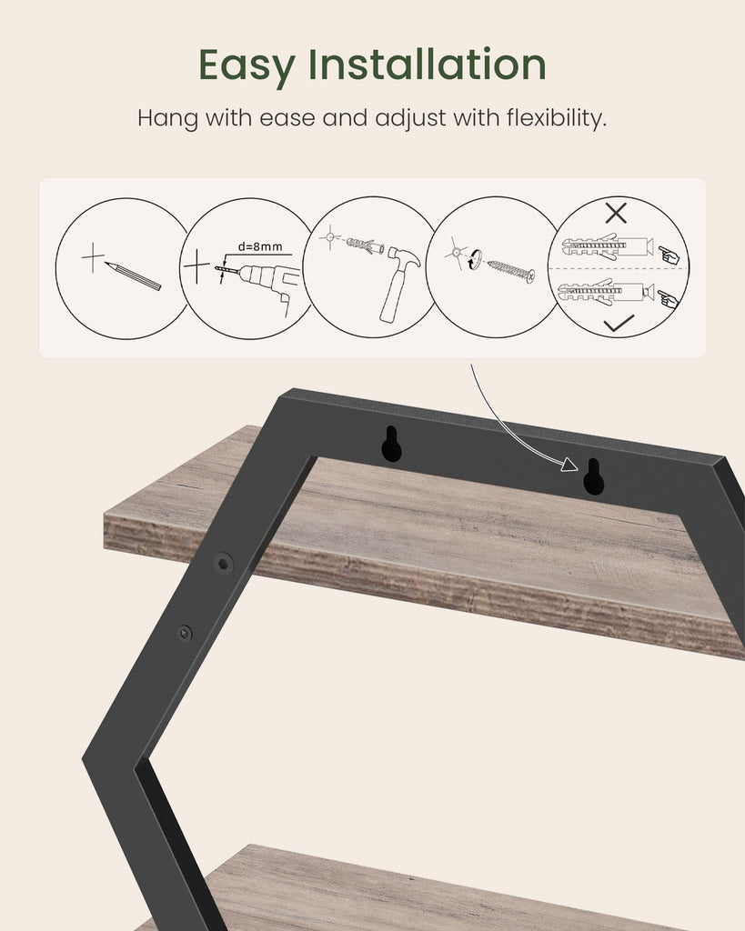 Hexagon Floating Shelves for Wall, Set of 2, 2 -Tier Hanging Shelves, Wall Mounted Storage Shelves, Study, Greige