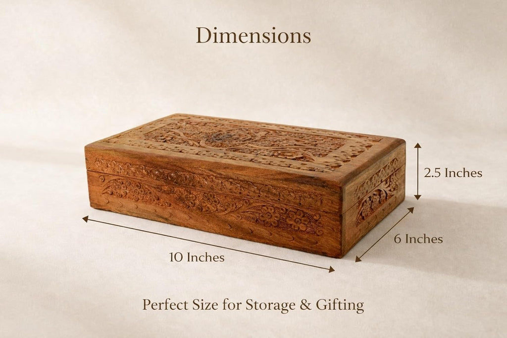 Hand Carved Wooden Memory Box - Decorative Wooden Keepsake Storage Box for Jewelry, Watches, Coins & Trinkets