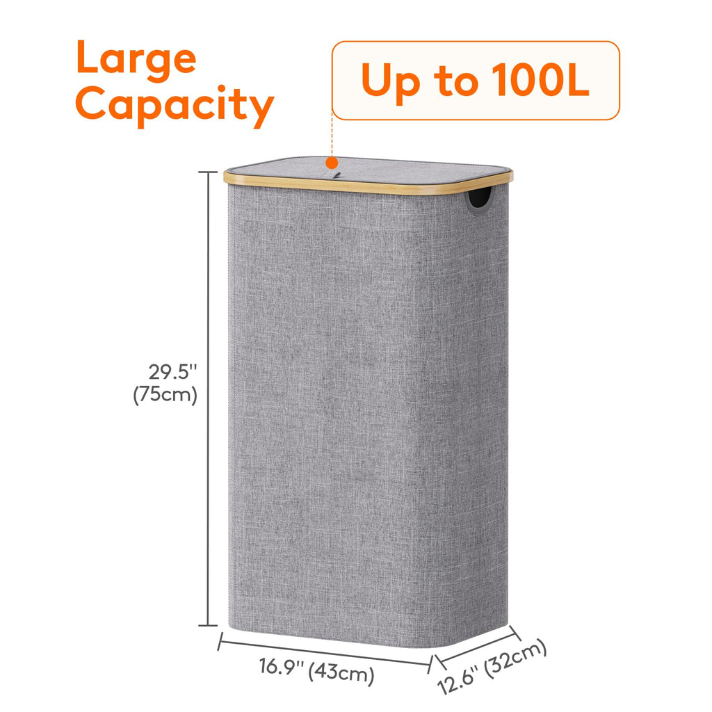 105L Large Laundry Basket with Lid, Removable Bags, Light Gray