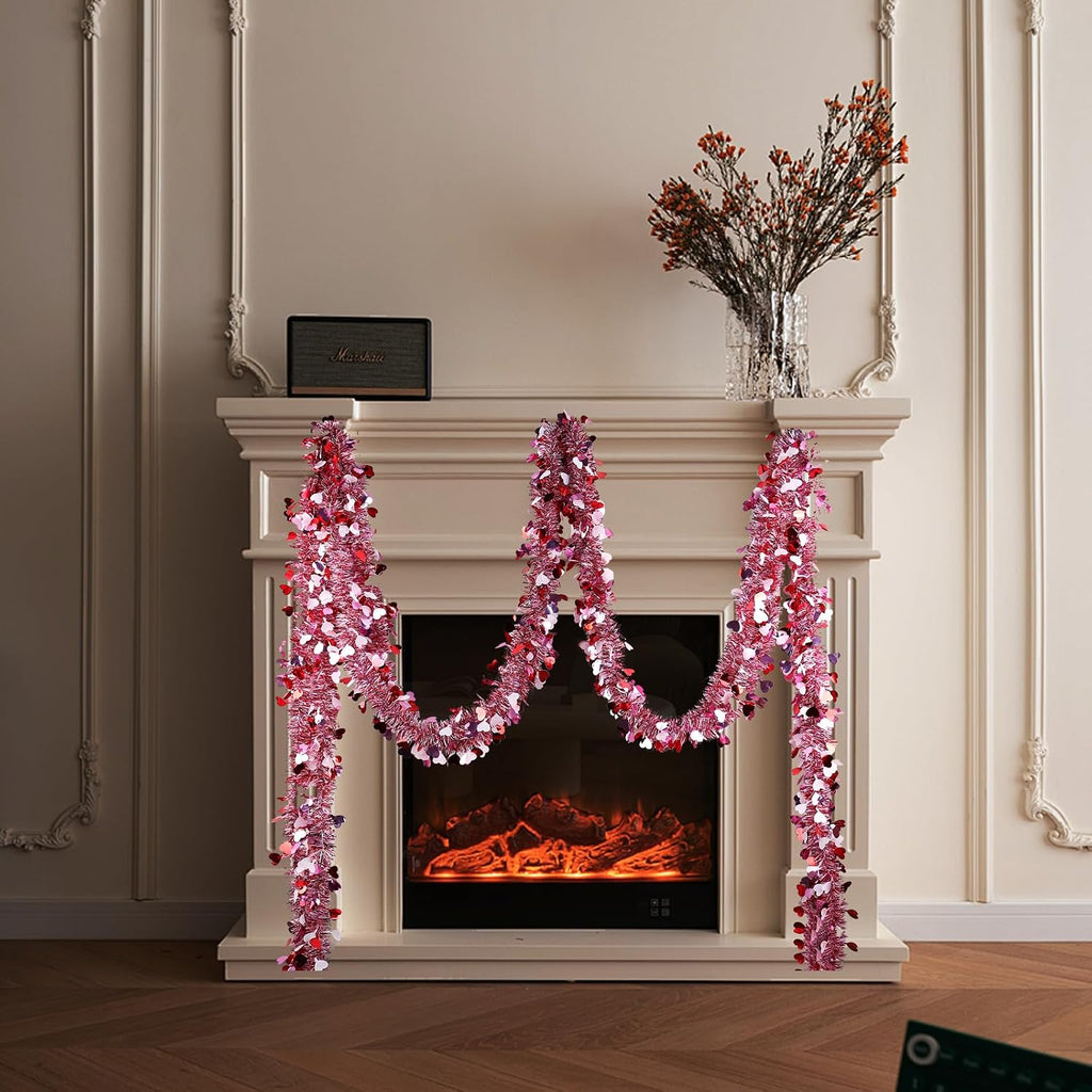 Valentines Garland Decor,50Ft Glitter Tinsel Heart Garland Decorations for Tree Mantle Bedroom Office Classroom Party - Set of 50