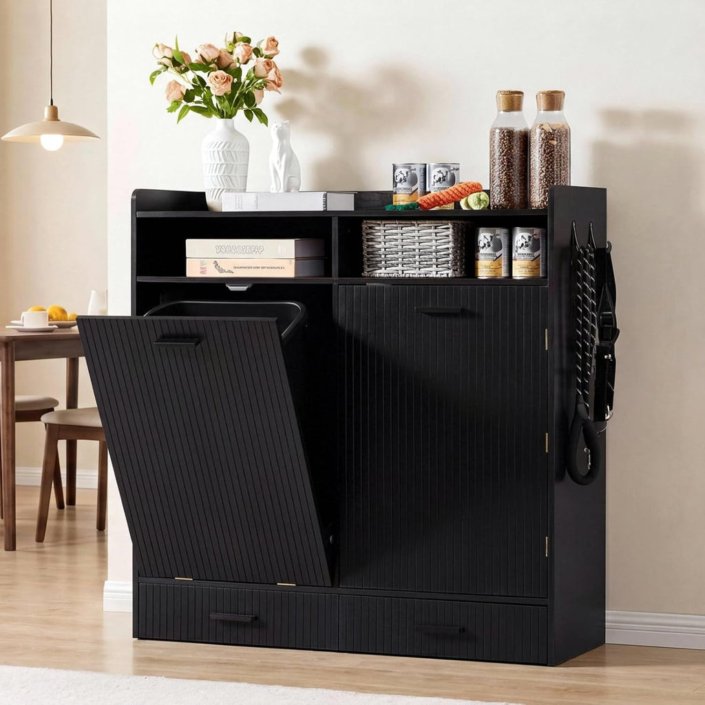 Tilt-Out Trash Can Cabinet with Storage, Dog Feeding Station, Black