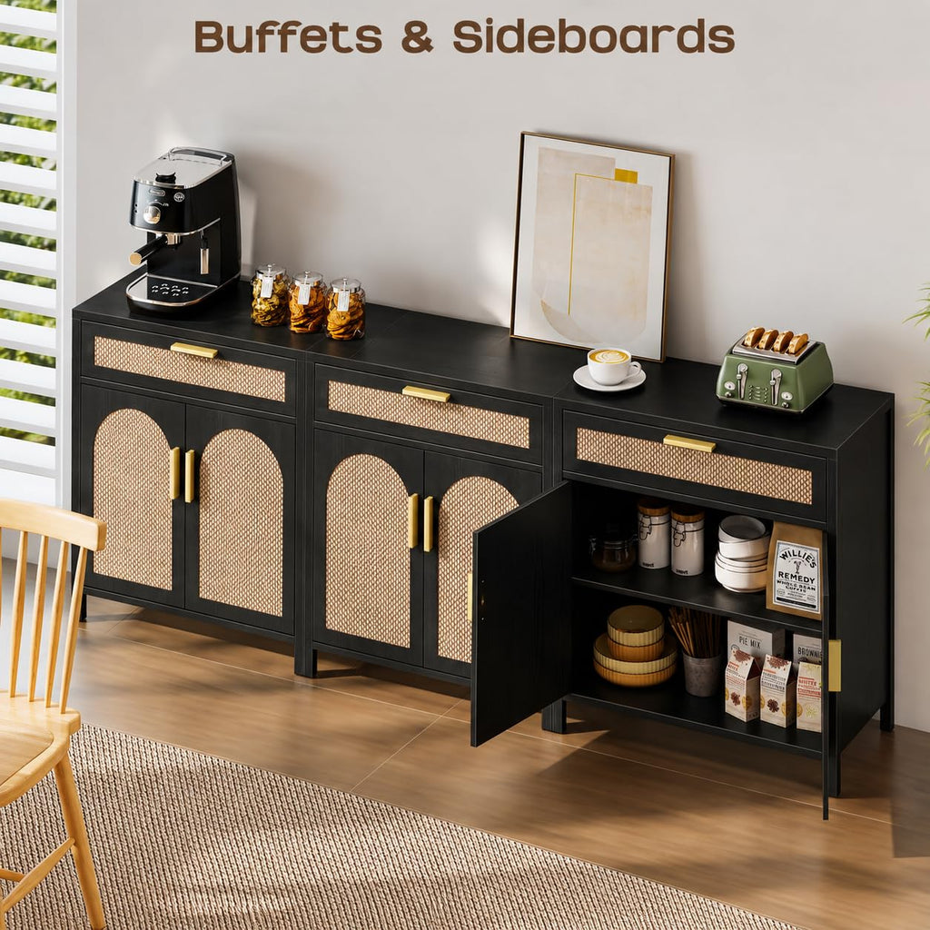 Rattan Buffet Cabinet with Storage Set of 3, Sideboard Cabinet with Doors and Shelves, Accent Coffee Bar with