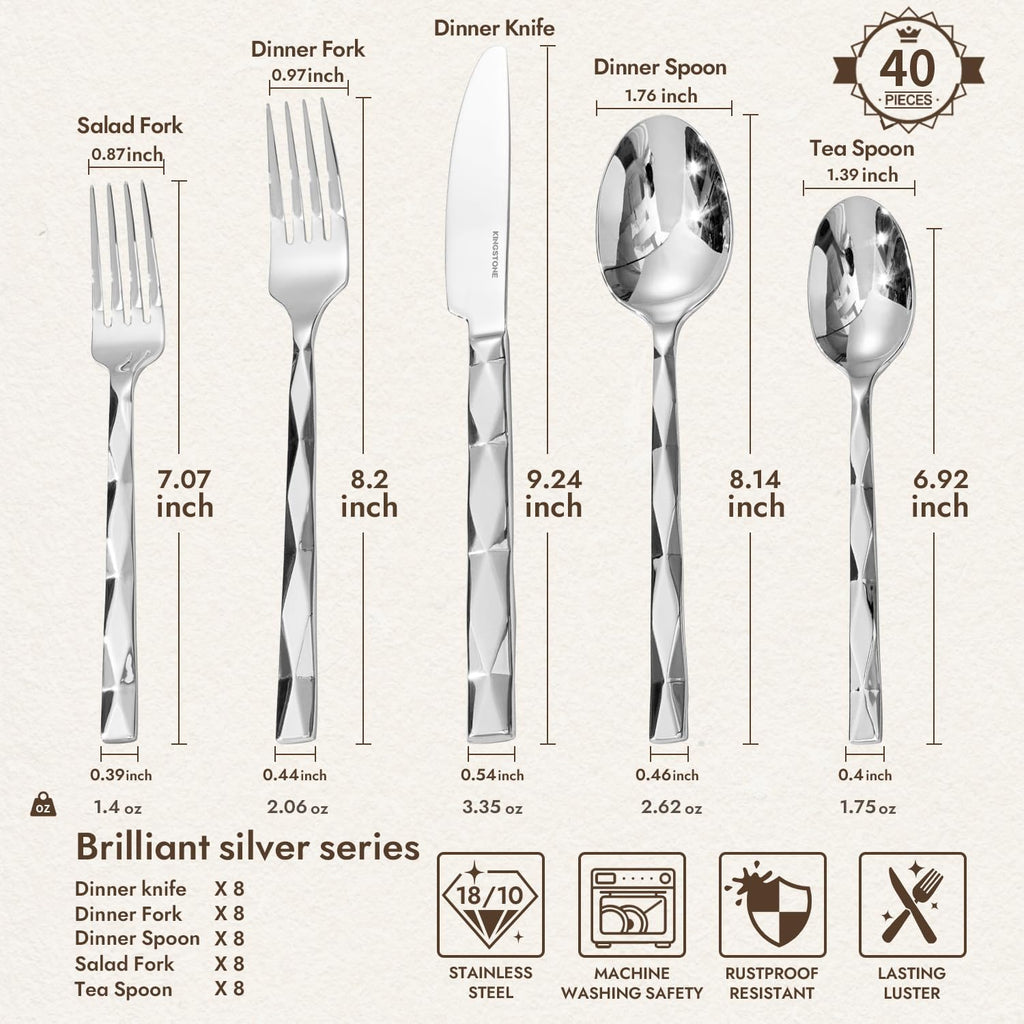 Silverware Set, Luxury 40-Piece Flatware Set for 8, 18/10 Stainless Steel Cutlery Set with Diamond Cut Pattern