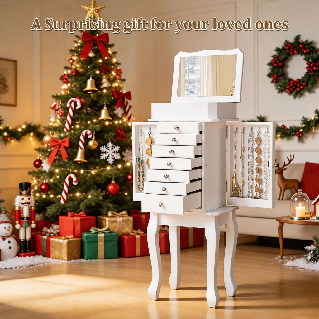 Standing Jewelry Armoire Cabinet, Large Standing Jewelry Organizer Box with Top Flip Mirror, 7 Drawers & 2 Side