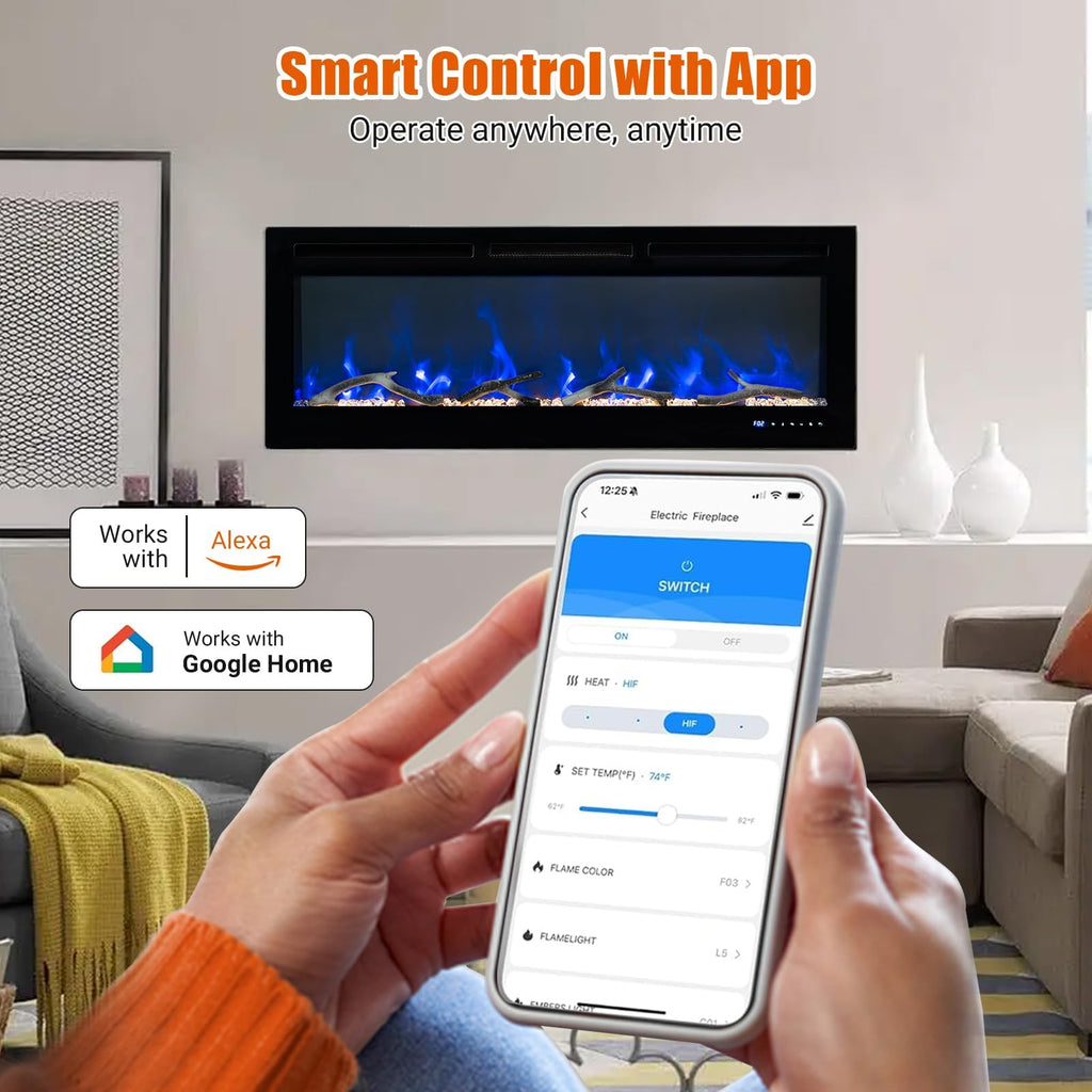 50 Inch Smart WiFi Electric Fireplace, Wall Mounted