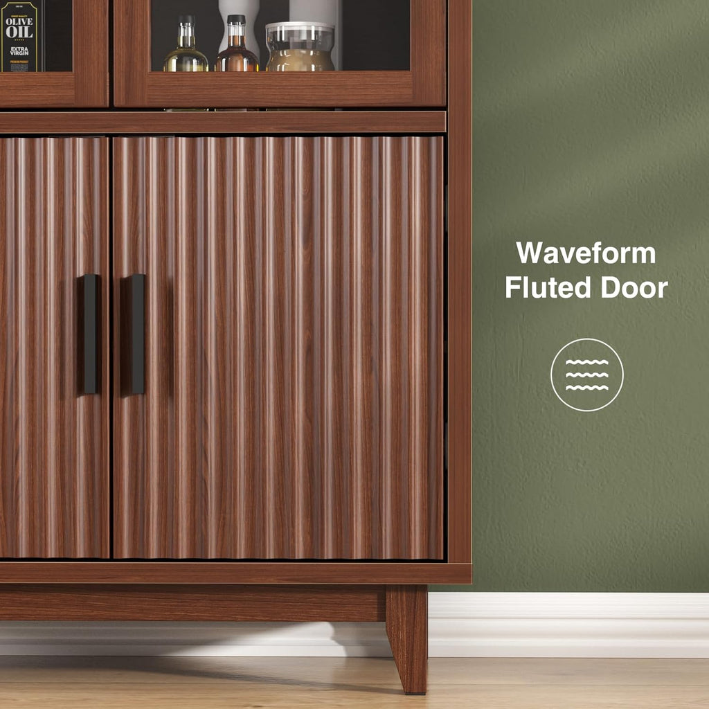 Kitchen Pantry Cabinet with Glass Doors, Arched Design,Walnut | Solid Wood Legs, Artistic Fluted Doors, Adjustable