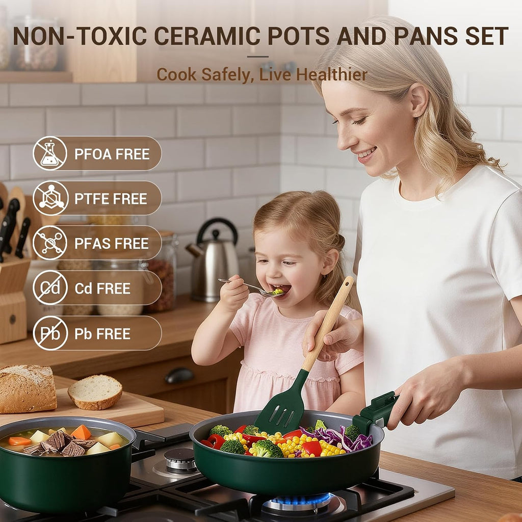 18-Piece Ceramic Pots and Pans Set Non Stick, Non Toxic Cookware Set with Removable Handles, Pot Sets for Cooking