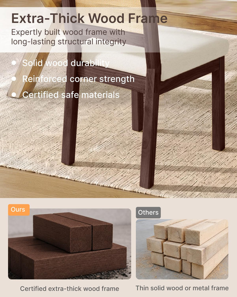 Natural Rattan Dining Chairs Set of 4, Soild Wood Chairs, Walnut