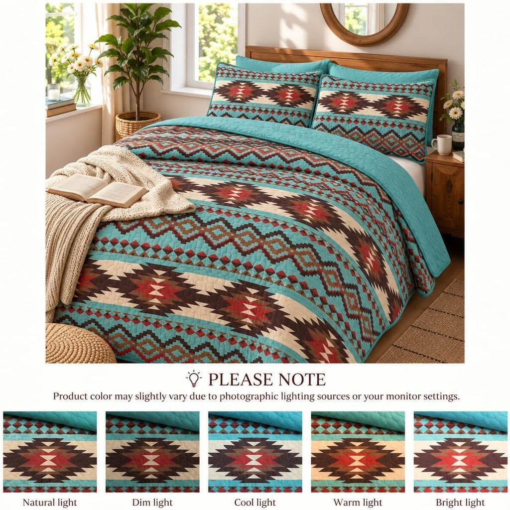 Rustic Southwestern Quilt Stitched Western Bedspread Bedding Set with Tribal Native American Patterns - Utah