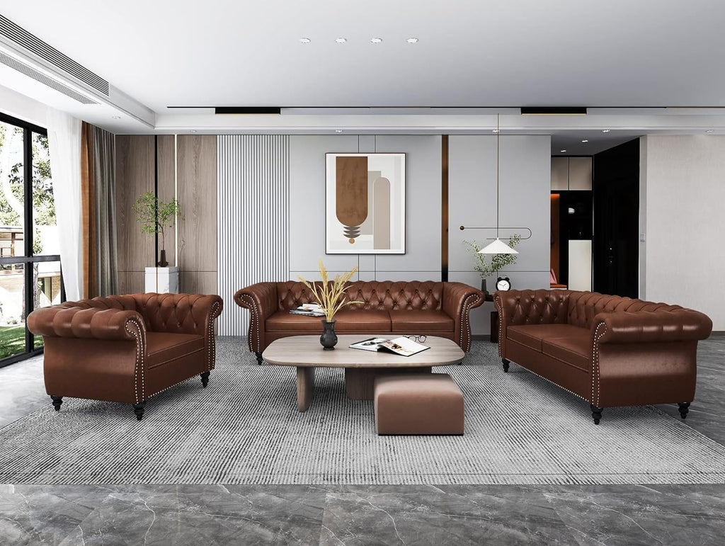 Chesterfield Loveseat Sofa, Upholstered Sofa Modern 2 Seater Couch Sofa Set Style Button Tufted, Mid-Century PU