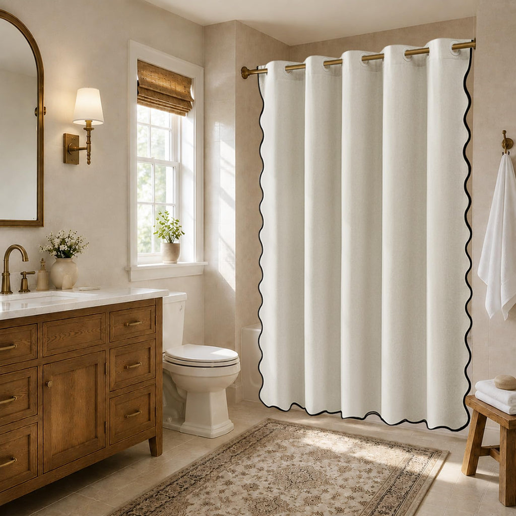Scalloped No Hook Linen Natural Waterproof 72x72