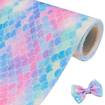 Pastel Mermaid Scale Glitter Faux Leather Roll, 12 x 52 Inch, Iridescent PU Fabric for Bows Earrings Sewing