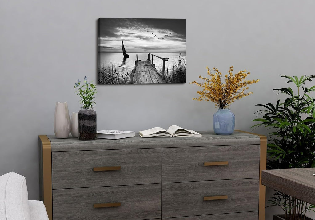 Nature Beach Landscape Wall Art Black and White Paintings Wall Decor Ocean Coastal Scenery Canvas Prints Seascape