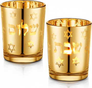 Shabbat Candles Holders Gold Jewish Judaica Gift Set Electroplated Glass Modern Shabbat Candlestick Holders - Set of 2