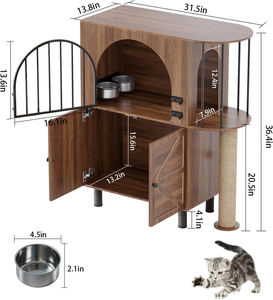 Dog Proof Cat Feeding Station with Scratching Post, Elevated Bowls (Walnut)