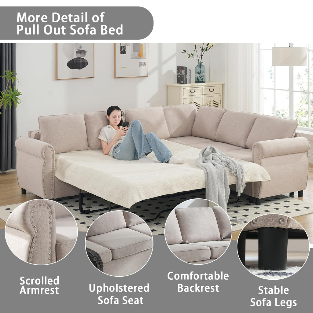 104" Sectional Sleeper Sofa Queen, L Shaped Couch with Pull Out Bed, Beige