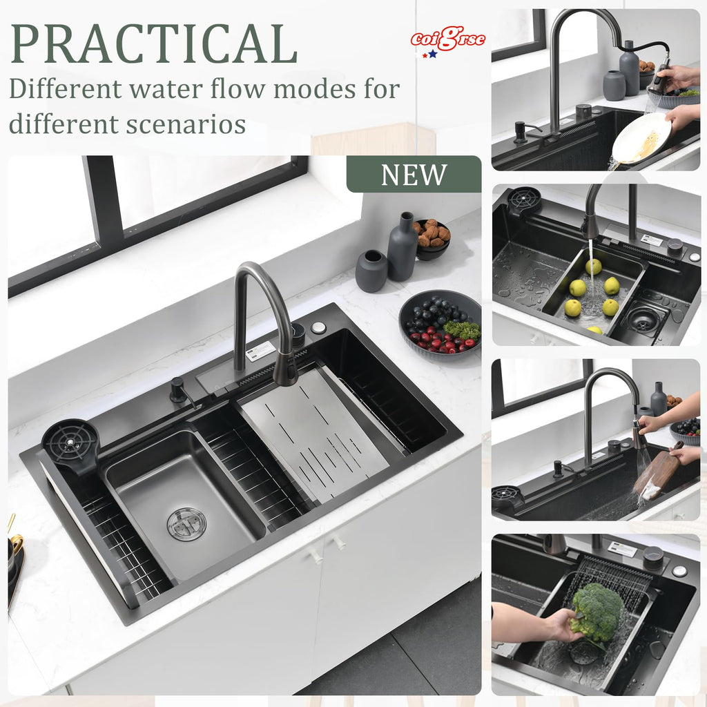 Black with bottom screen, 26 Inch Nano Stainless Steel Waterfall, Countertop Workstation Single Sink Set &