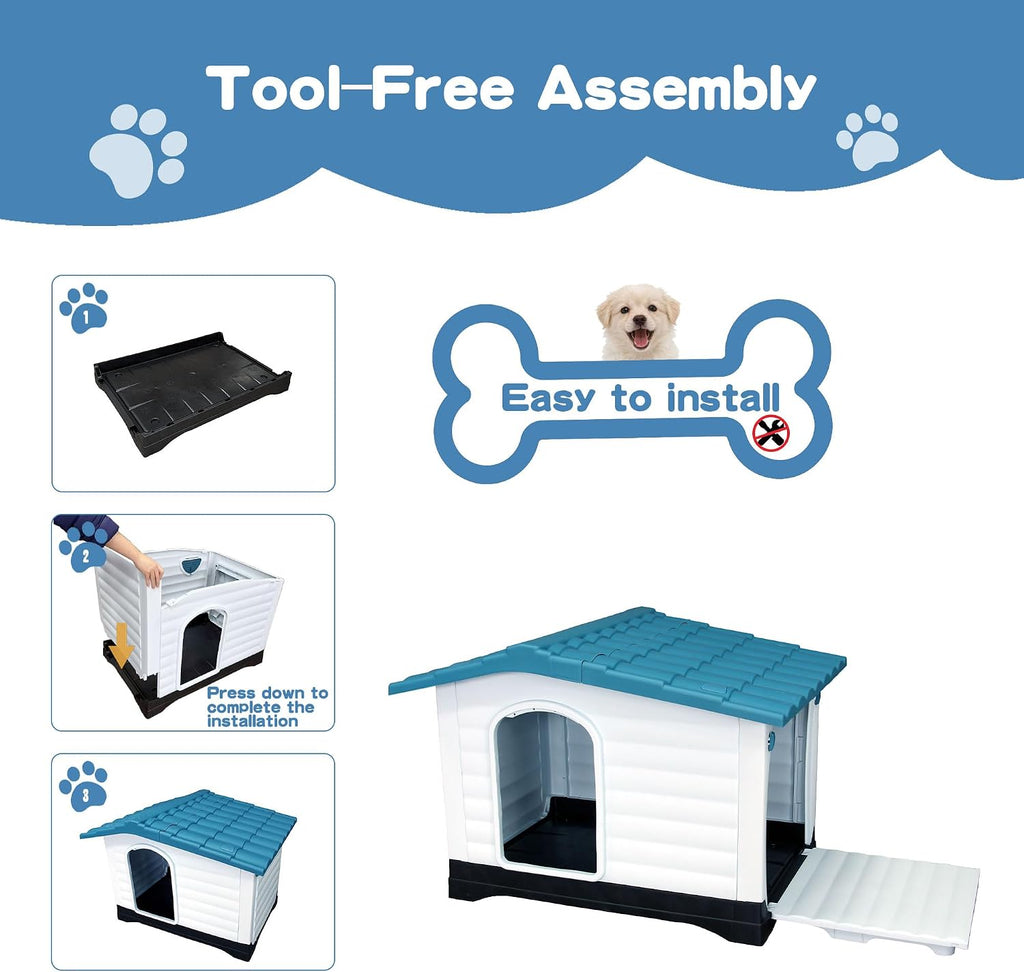 Outdoor Indoor Dog House for Small Dogs, 2-Door Plastic Dog House with Elevated Floor and Air Vents, Weatherproof Pet